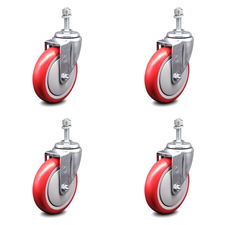 Service Caster 5 Inch Red Polyurethane Wheel Swivel 3/8 Inch Threaded Stem Caster Set SCC SCC-TS20S514-PPUB-RED-381615-4